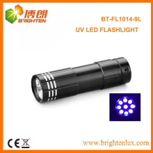 Factory Supply Colorful CE Aluminum 380nm-385nm Wavelength AAA Battery powered 9 led Ultraviolet Flashlight for Counterfeits